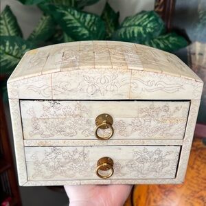 VTG American Civil War Scrimshaw Reproduction Carved Bone 2 Drawer Jewelry Box